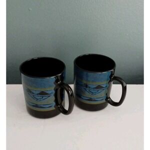 Southwestern Style Coffee Mugs Set of 2 Blue Black‎ Aztec Design